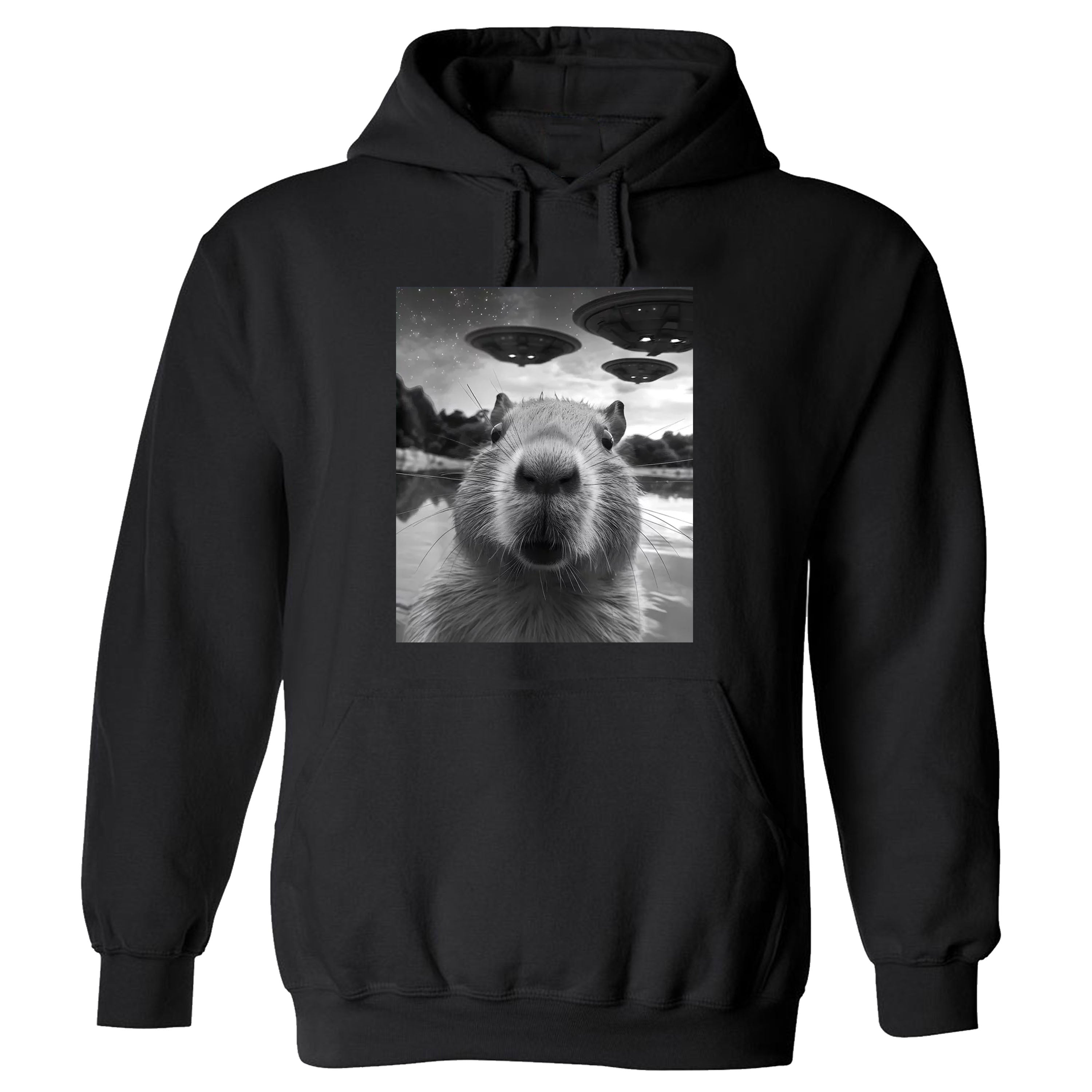 Capybara Selfie with UFOs Weird Short and Long Sleeve Sleevless Tee, Hoodie