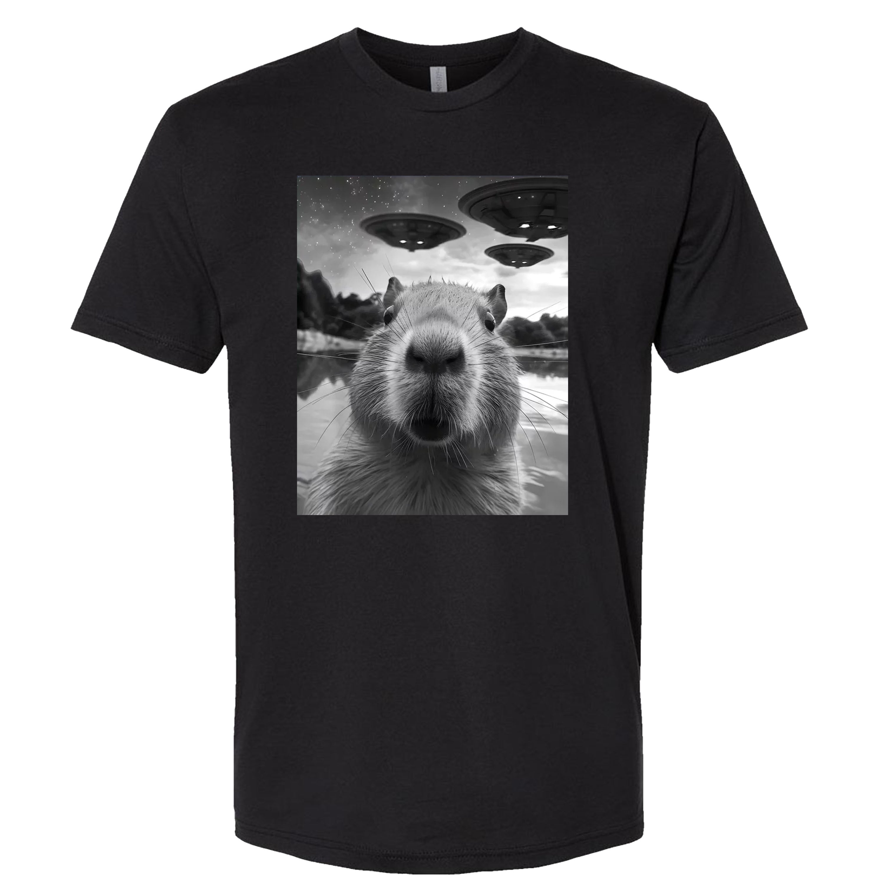 Capybara Selfie with UFOs Weird Short and Long Sleeve Sleevless Tee, Hoodie